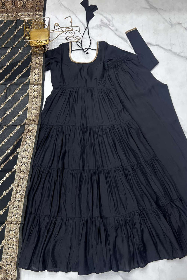 Black Solid Chanderi Anarkali Suit Set
