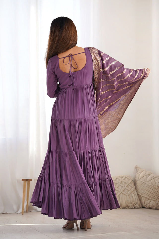 Mauve Solid Chanderi Anarkali Gown Set