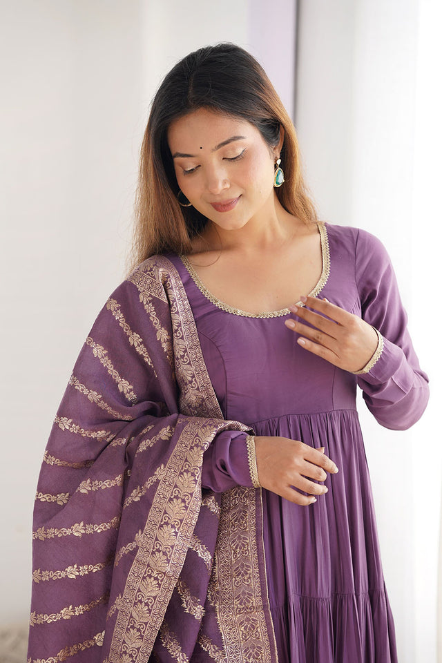 Mauve Solid Chanderi Anarkali Gown Set