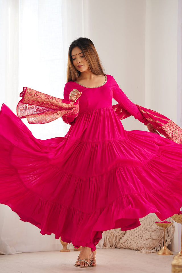 Pink Solid Chanderi Anarkali Gown Set
