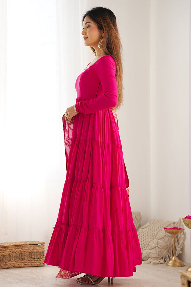 Pink Solid Chanderi Anarkali Gown Set