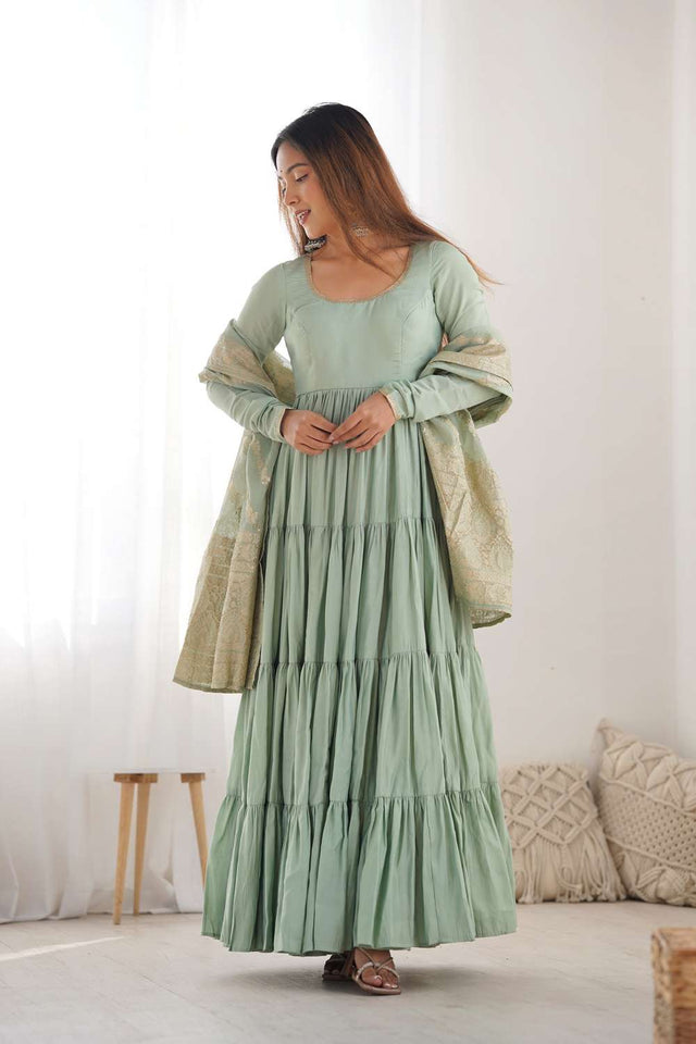 Green Solid Chanderi Anarkali Suit Set
