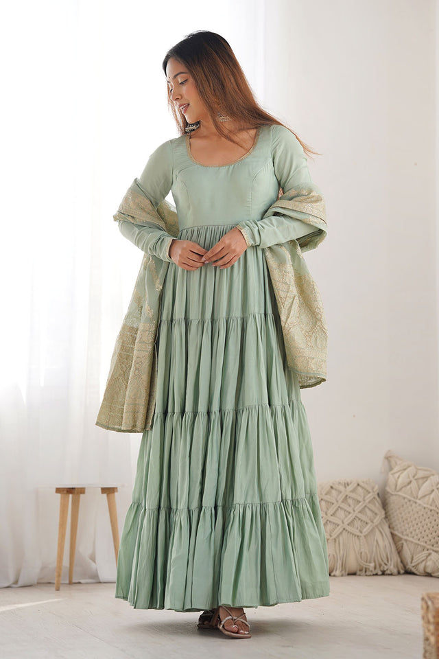 Green Solid Chanderi Anarkali Gown Set