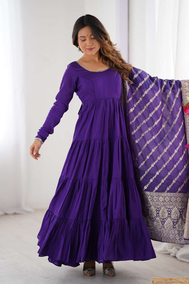 Violet Solid Chanderi Anarkali Suit Set