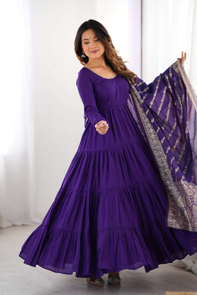Violet Solid Chanderi Anarkali Suit Set