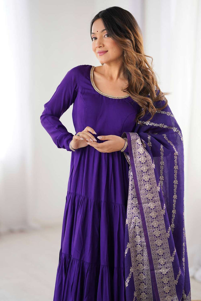 Violet Solid Chanderi Anarkali Suit Set
