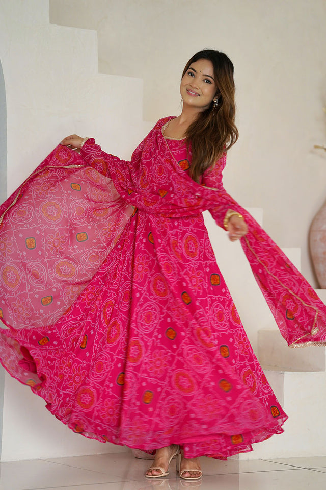 Pink Bandani Printed Chiffon Anarkali Gown Set