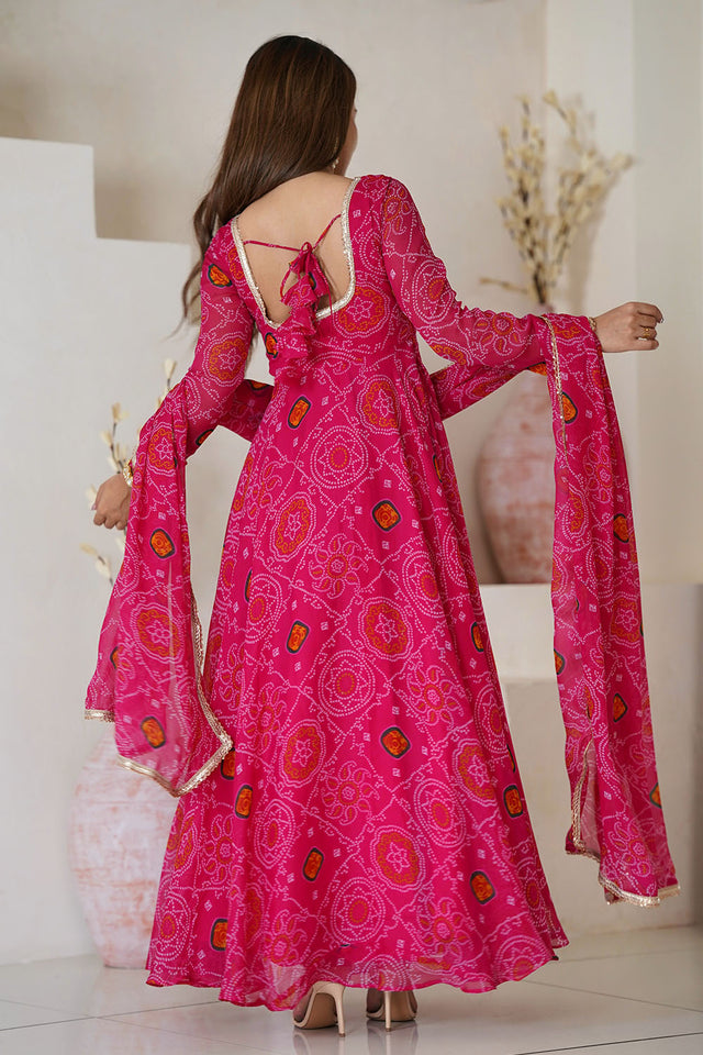 Pink Bandani Printed Chiffon Anarkali Gown Set