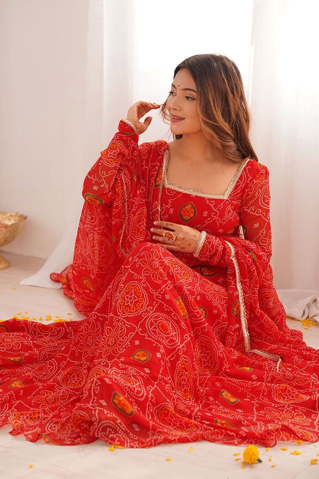 Red Bandani Printed Chiffon Anarkali Gown Set