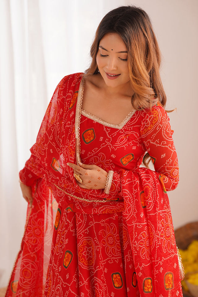 Red Bandani Printed Chiffon Anarkali Gown Set
