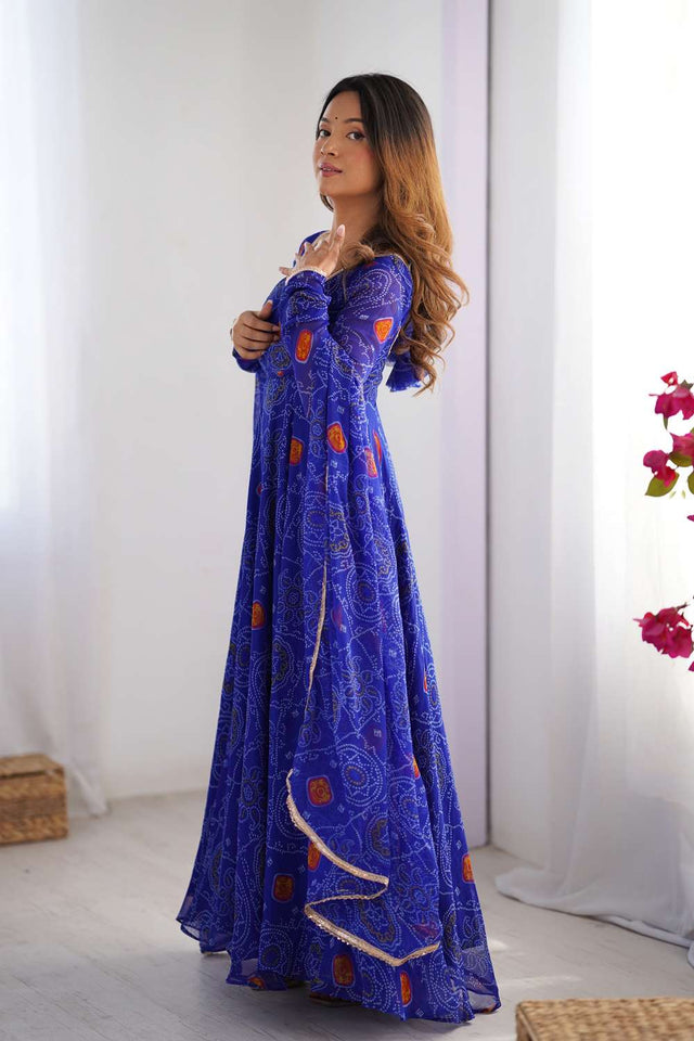 Royal Blue Bandhani Printed Chiffon Anarkali Suit Set