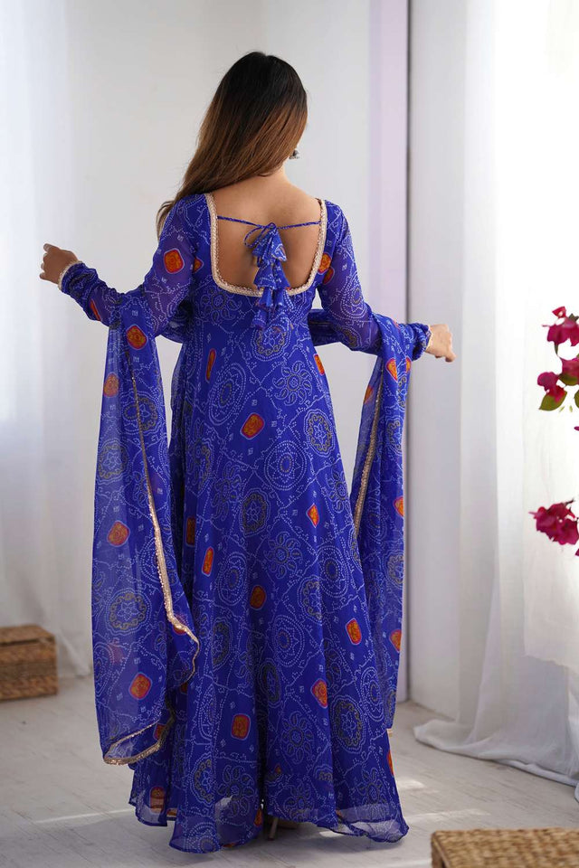 Royal Blue Bandhani Printed Chiffon Anarkali Suit Set