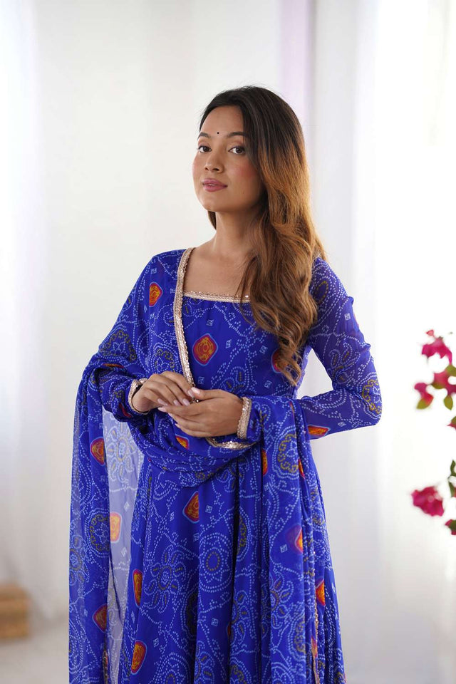 Royal Blue Bandhani Printed Chiffon Anarkali Suit Set
