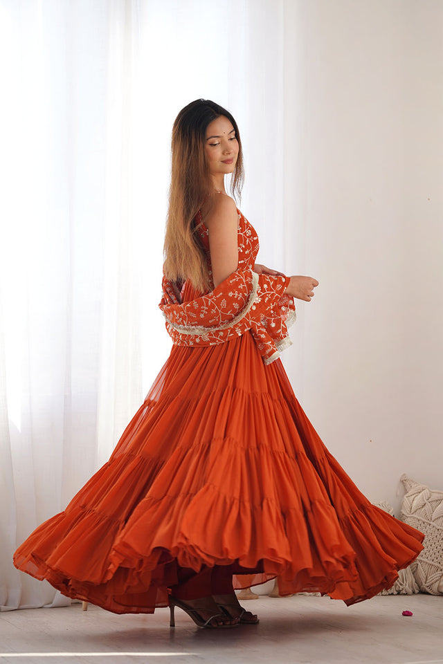Orange Embroidered Georgette Anarkali Gown Set