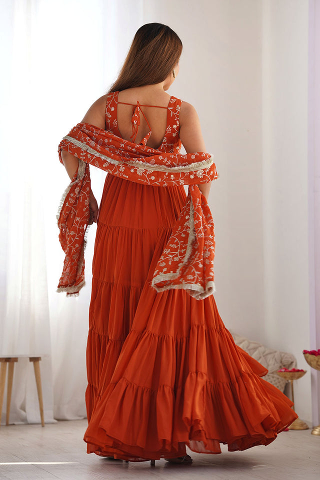 Orange Embroidered Georgette Anarkali Gown Set