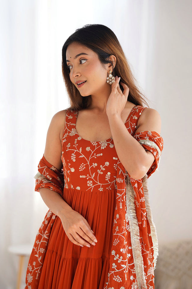Orange Embroidered Georgette Anarkali Gown Set