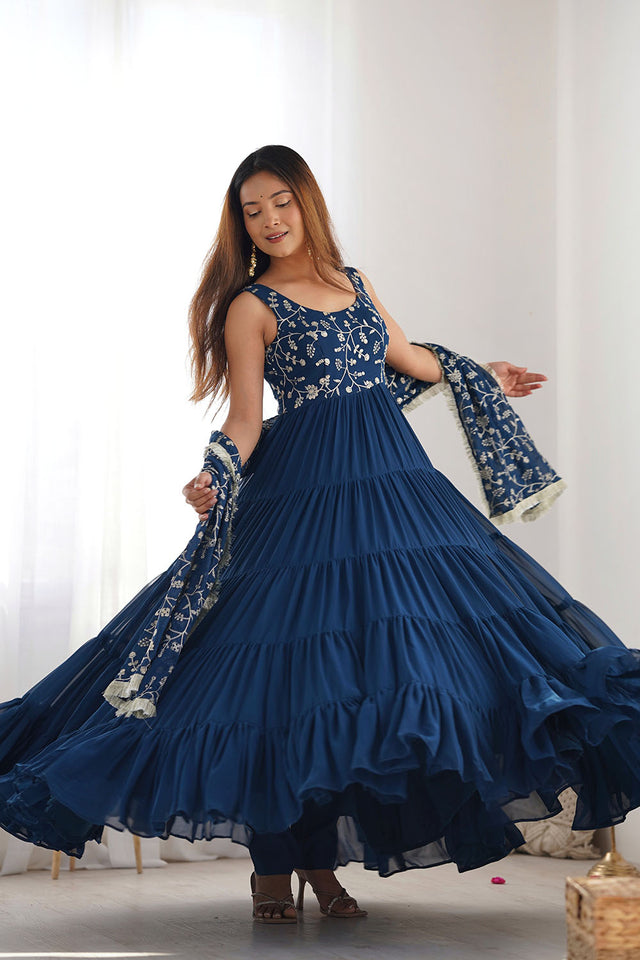 Turquoise Embroidered Georgette Anarkali Gown Set