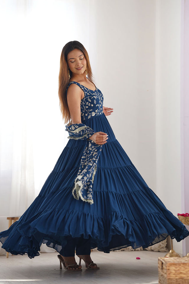 Turquoise Embroidered Georgette Anarkali Gown Set