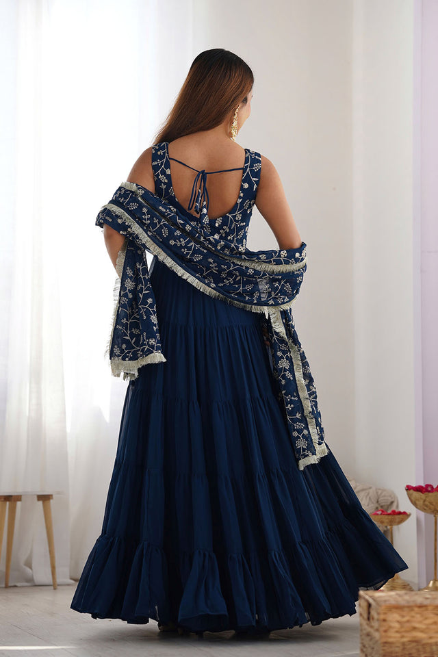 Turquoise Embroidered Georgette Anarkali Gown Set