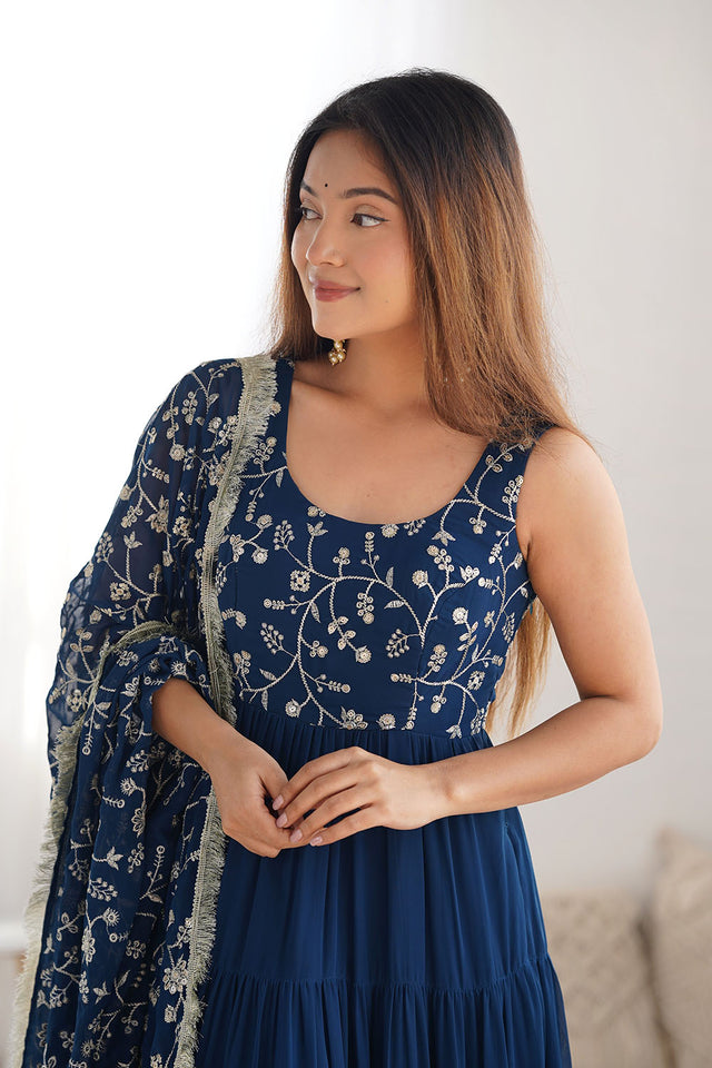 Turquoise Embroidered Georgette Anarkali Gown Set