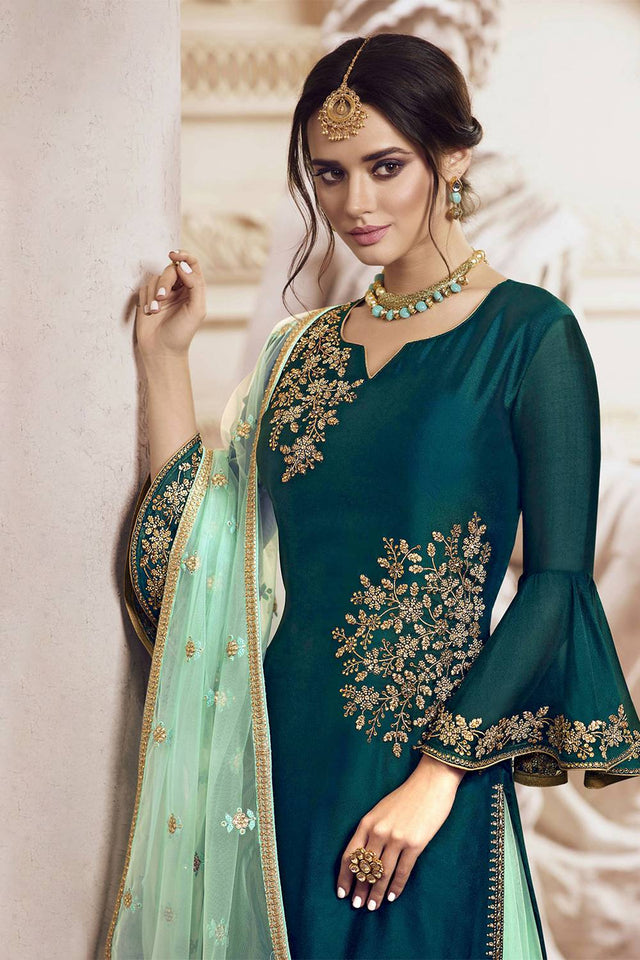 Turquoise Floral Embroidered Georgette Sharara Suits