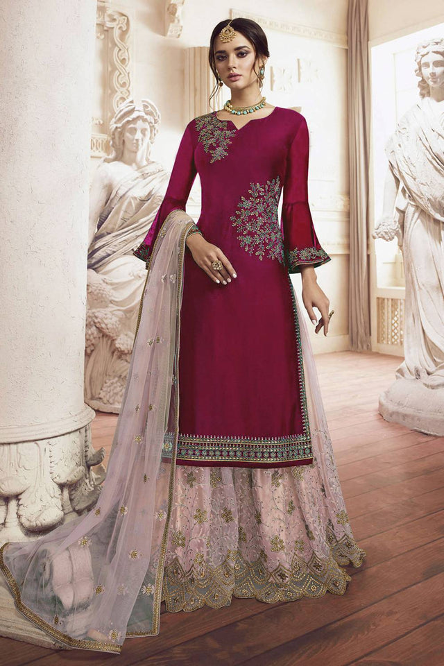 Maroon Floral Embroidered Georgette Sharara Suits