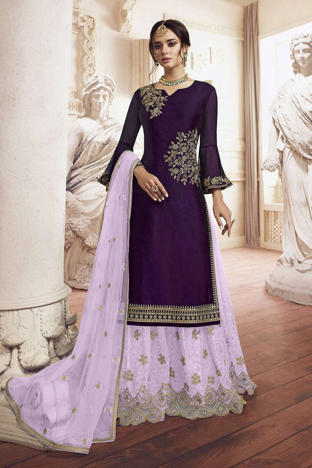 Wine Floral Embroidered Georgette Sharara Suits
