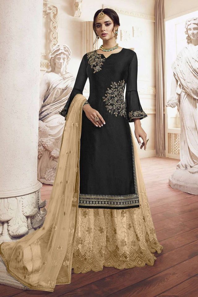 Black Floral Embroidered Georgette Sharara Suits