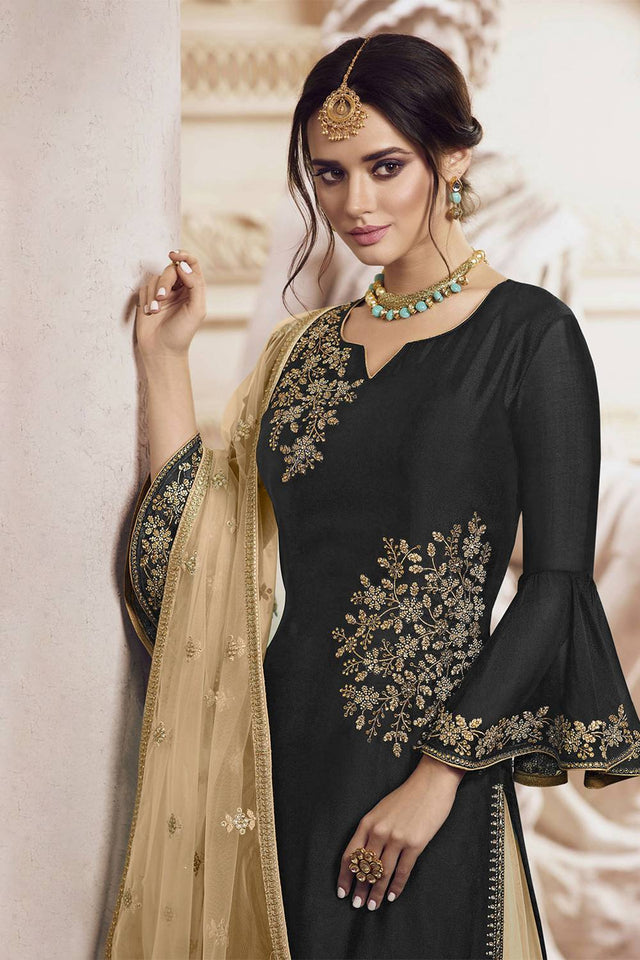 Black Floral Embroidered Georgette Sharara Suits