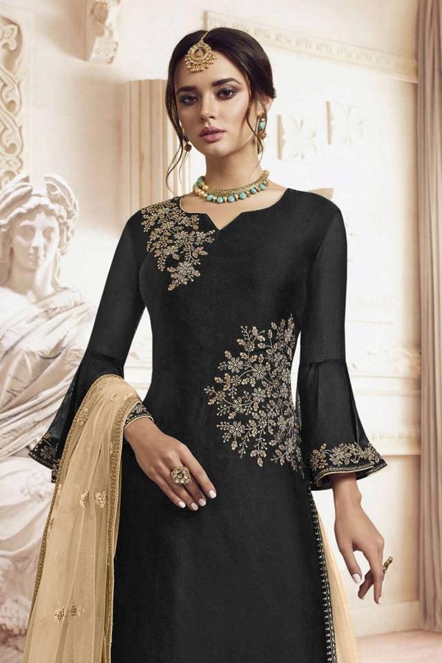 Black Floral Embroidered Georgette Sharara Suits