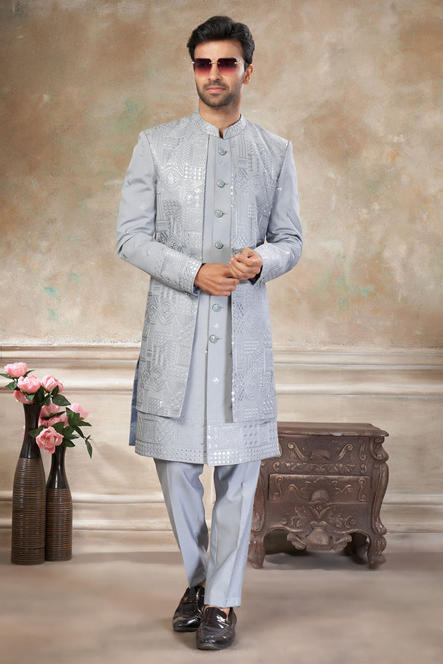 Men's Light Grey Sequin with Embroidered Silk Sherwani Set
