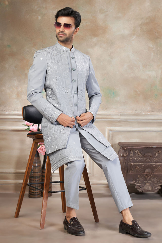 Men's Light Grey Sequin with Embroidered Silk Sherwani Set