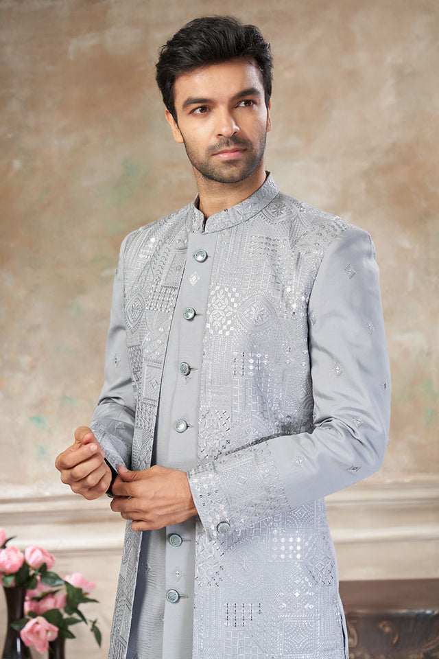 Men's Light Grey Sequin with Embroidered Silk Sherwani Set