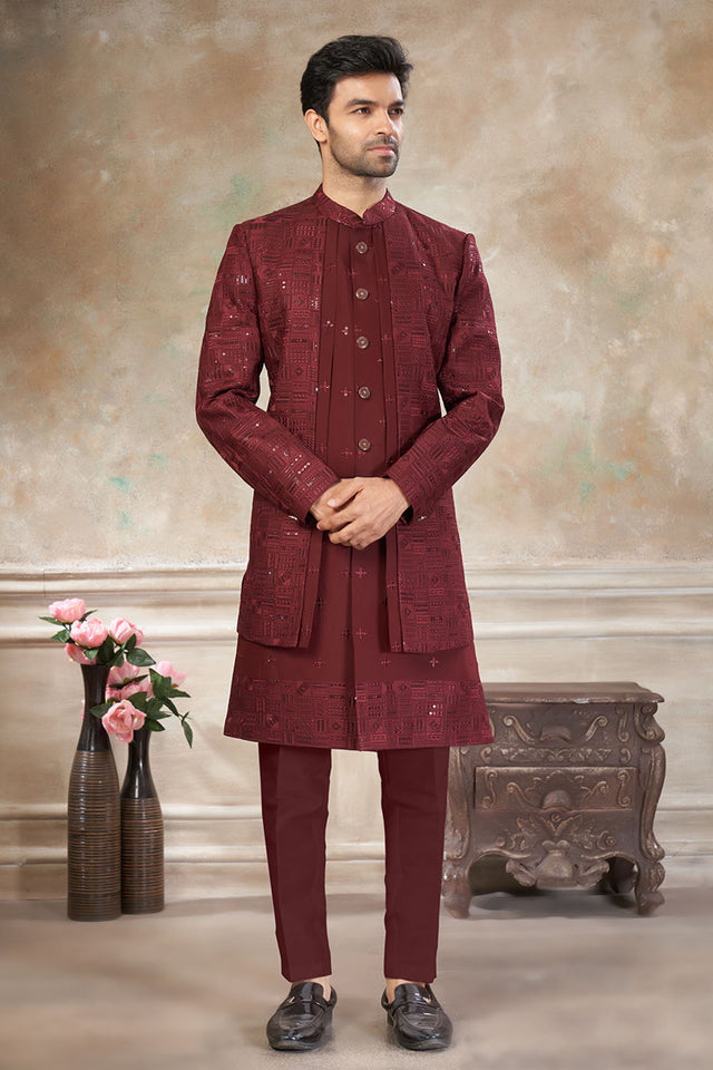 Men's Maroon Sequin with Embroidered Silk Sherwani Set