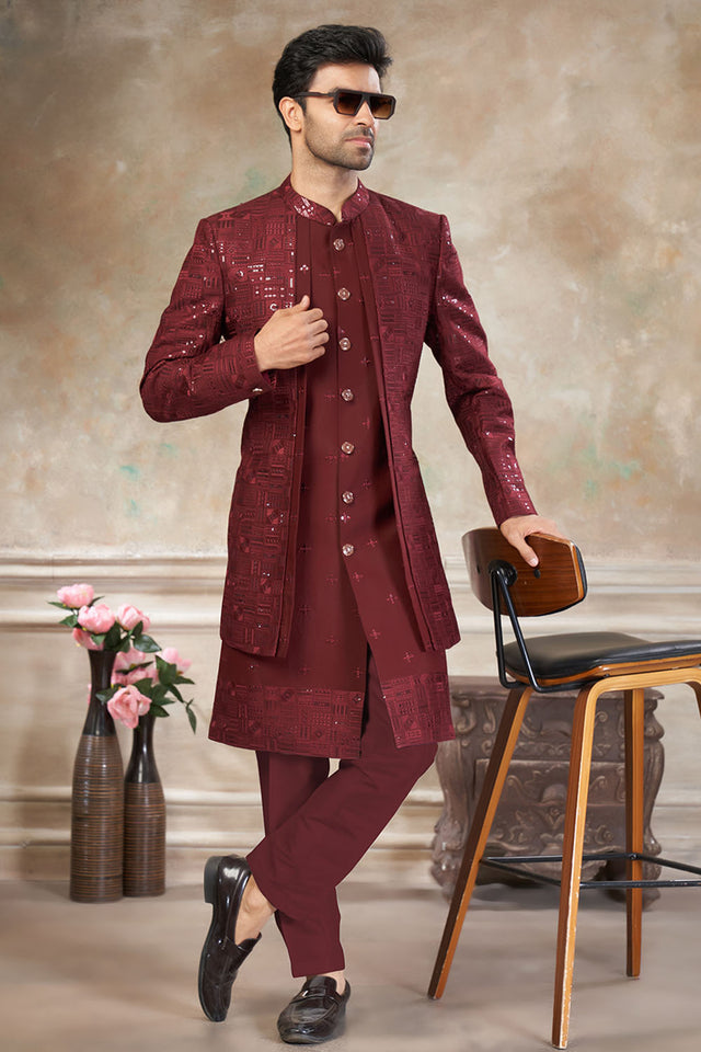 Men's Maroon Sequin with Embroidered Silk Sherwani Set