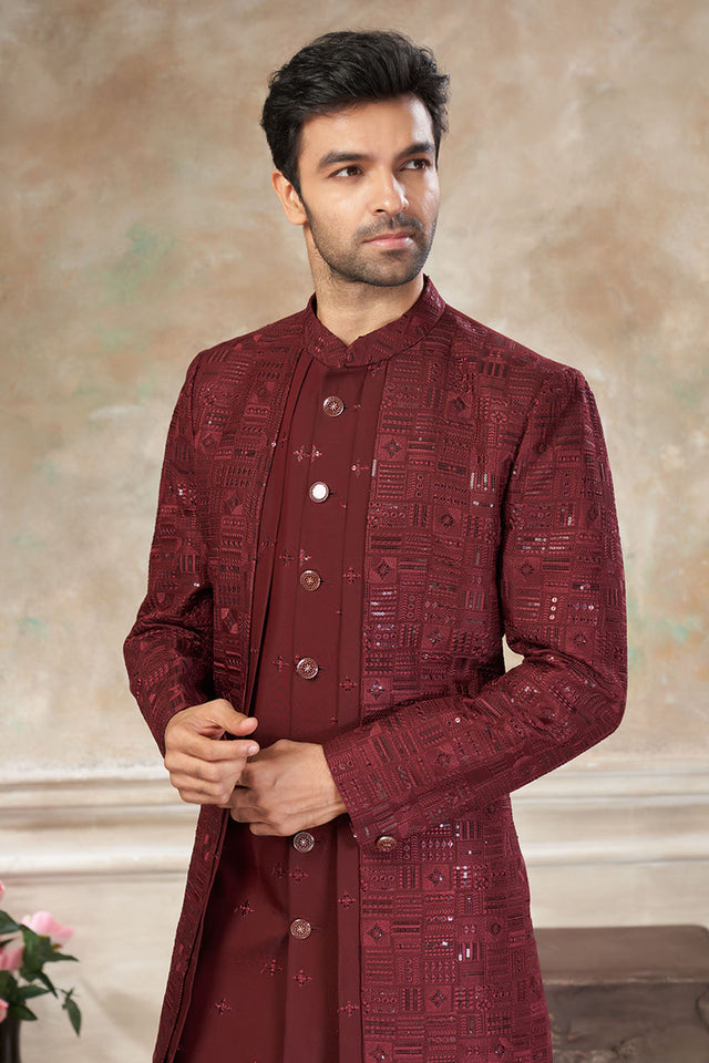 Men's Maroon Sequin with Embroidered Silk Sherwani Set