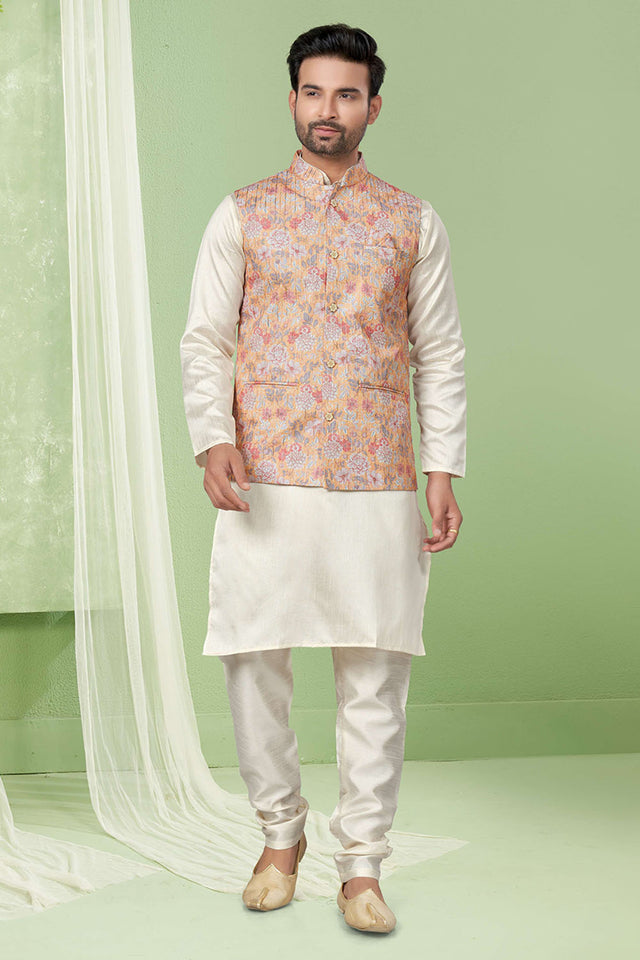 Multi-Color Floral Printed Mastani Silk Kurta Pajama Koti Set