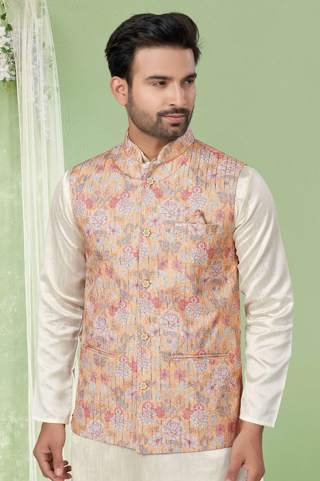 Multi-Color Floral Printed Mastani Silk Kurta Pajama Koti Set