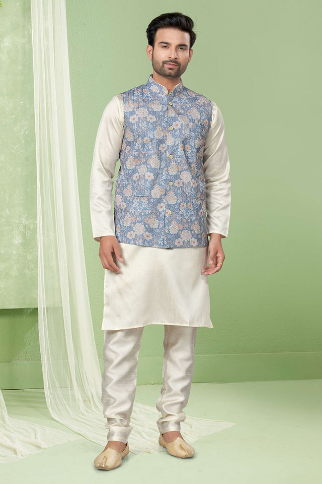 Multi-Color Floral Printed Mastani Silk Kurta Pajama Koti Set