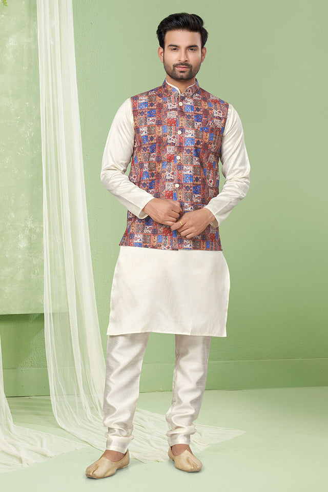 Multi-Color Printed Mastani Silk Kurta Pajama Koti Set