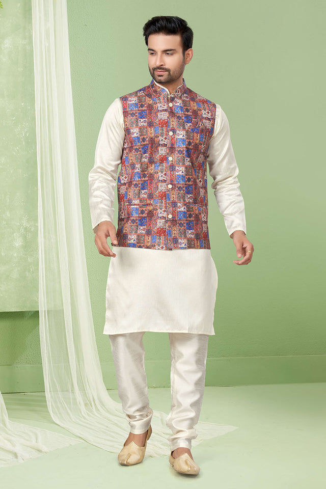 Multi-Color Printed Mastani Silk Kurta Pajama Koti Set