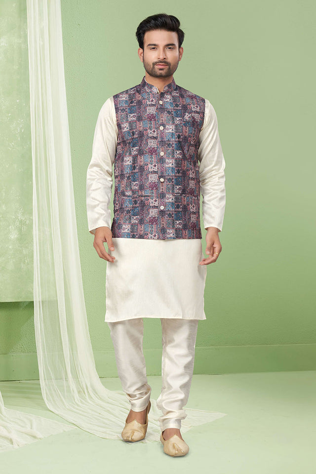 Multi-Color Printed Mastani Silk Kurta Pajama Koti Set