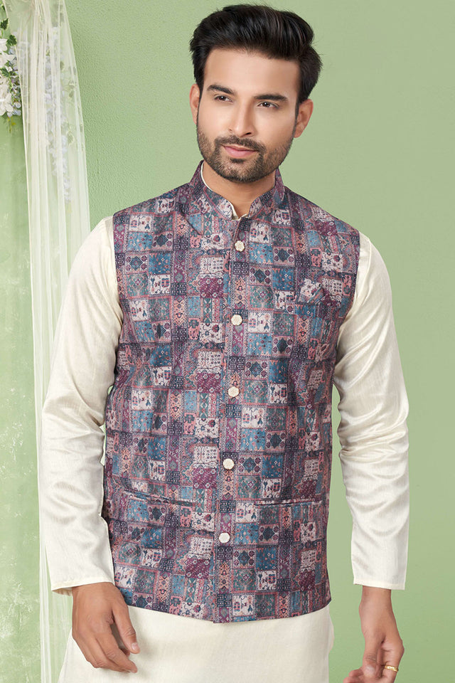 Multi-Color Printed Mastani Silk Kurta Pajama Koti Set