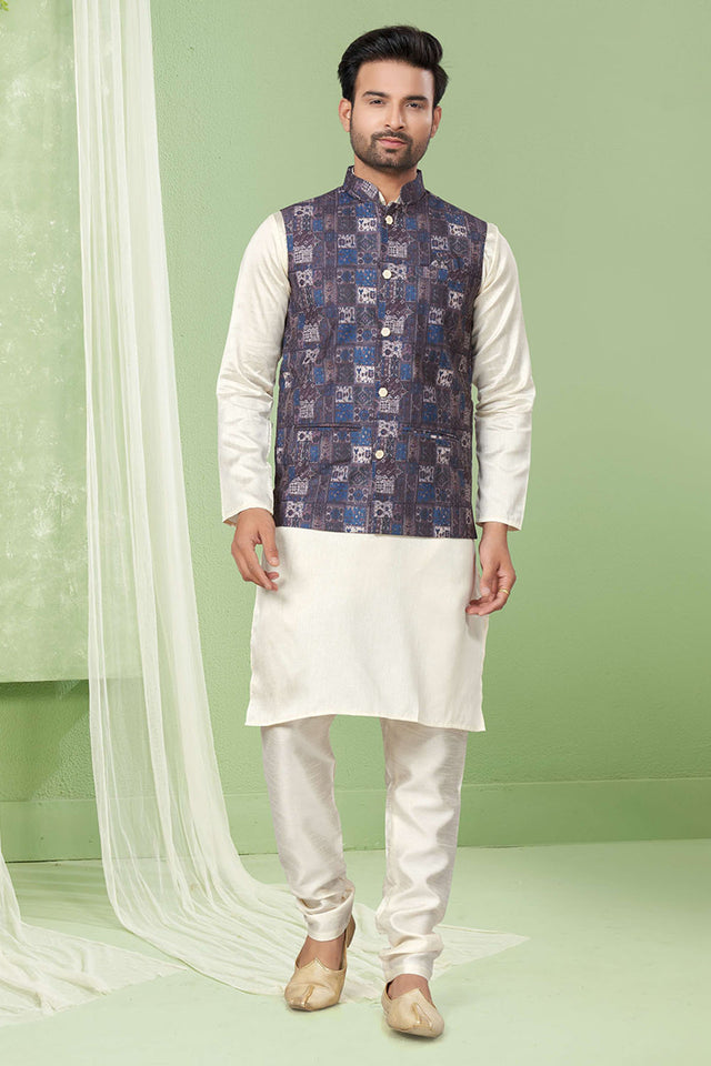 Multi-Color Printed Mastani Silk Kurta Pajama Koti Set