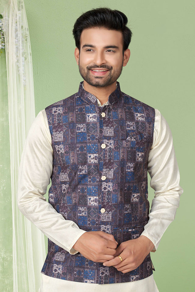 Multi-Color Printed Mastani Silk Kurta Pajama Koti Set