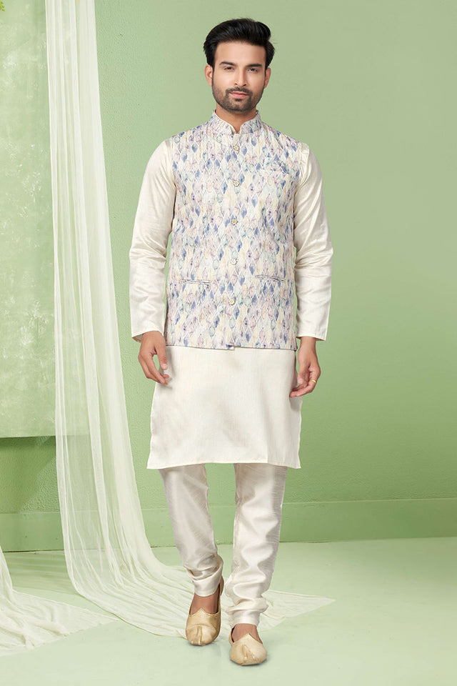 Multi-Color Printed Mastani Silk Kurta Pajama Koti Set