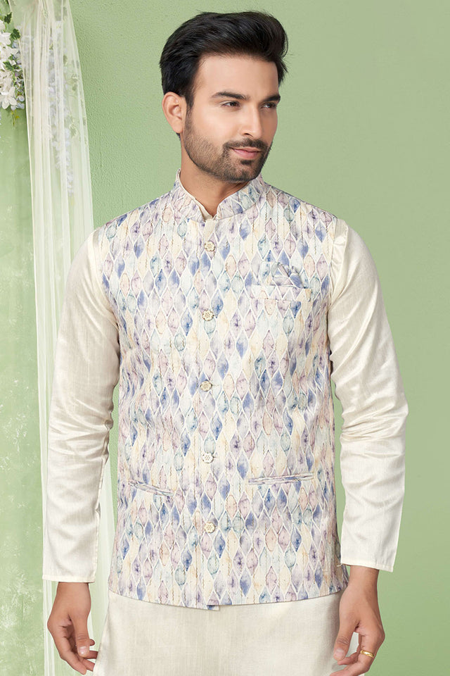 Multi-Color Printed Mastani Silk Kurta Pajama Koti Set