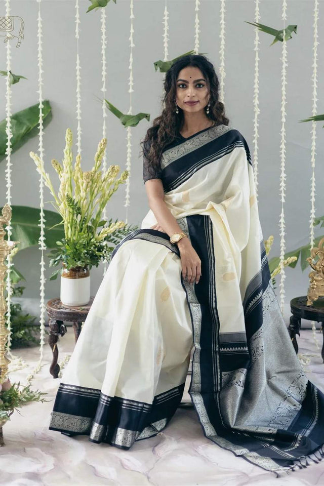 Cream Banarasi Woven Soft Silk Saree (50102)