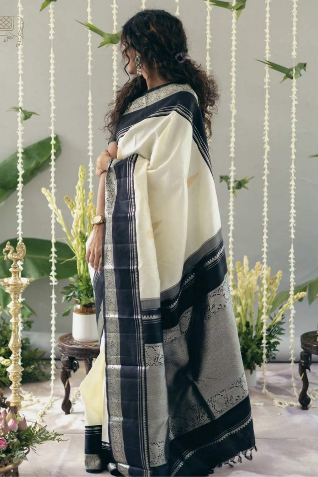 Cream Banarasi Woven Soft Silk Saree (50102)