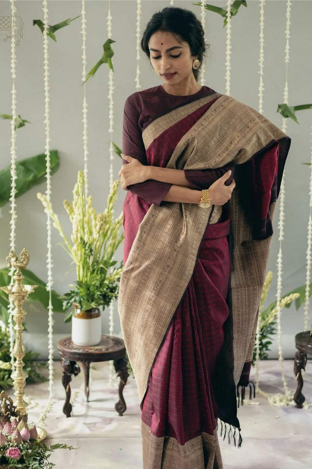 Maroon Banarasi Woven Soft Silk Saree (50103)